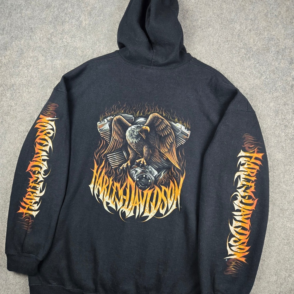 Harley-Davidson Zip Hoodie Mens 2XL Black Eagle Flame Graphic Biker Grizzly MT